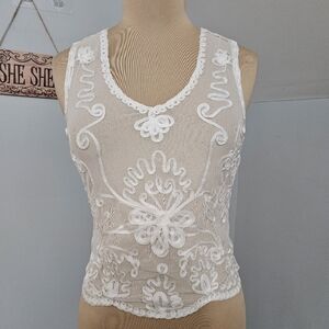 Andrea Rosati Sheer Embroidered Mesh Tank Top Ivory Floral Lace Fairy Dainty XL